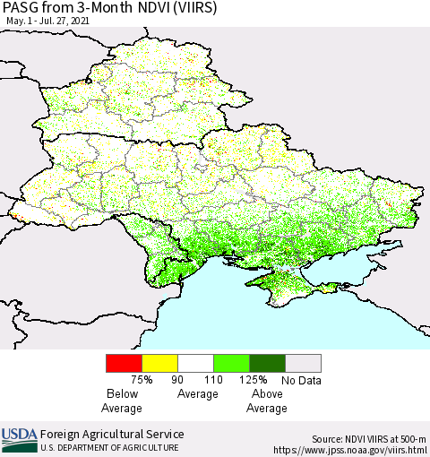 Ukraine, Moldova and Belarus PASG from 3-Month NDVI (VIIRS) Thematic Map For 7/21/2021 - 7/31/2021