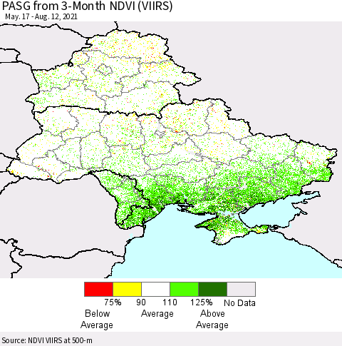 Ukraine, Moldova and Belarus PASG from 3-Month NDVI (VIIRS) Thematic Map For 8/5/2021 - 8/12/2021