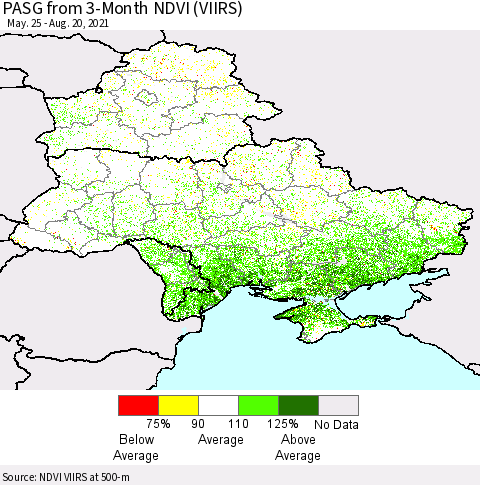 Ukraine, Moldova and Belarus PASG from 3-Month NDVI (VIIRS) Thematic Map For 8/11/2021 - 8/20/2021