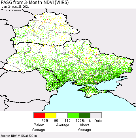 Ukraine, Moldova and Belarus PASG from 3-Month NDVI (VIIRS) Thematic Map For 8/21/2021 - 8/28/2021
