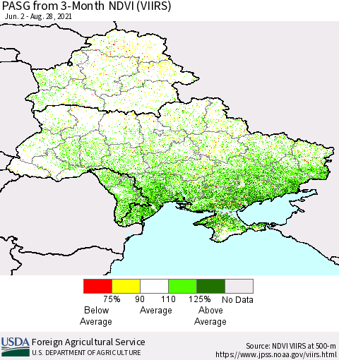Ukraine, Moldova and Belarus PASG from 3-Month NDVI (VIIRS) Thematic Map For 8/21/2021 - 8/31/2021