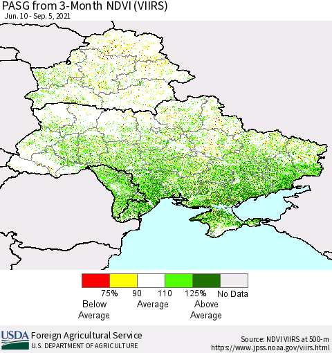 Ukraine, Moldova and Belarus PASG from 3-Month NDVI (VIIRS) Thematic Map For 9/1/2021 - 9/10/2021