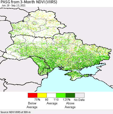 Ukraine, Moldova and Belarus PASG from 3-Month NDVI (VIIRS) Thematic Map For 9/6/2021 - 9/13/2021