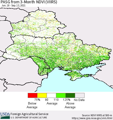 Ukraine, Moldova and Belarus PASG from 3-Month NDVI (VIIRS) Thematic Map For 9/11/2021 - 9/20/2021