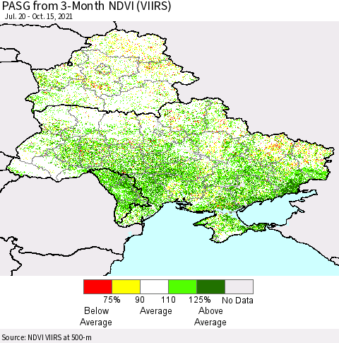 Ukraine, Moldova and Belarus PASG from 3-Month NDVI (VIIRS) Thematic Map For 10/8/2021 - 10/15/2021