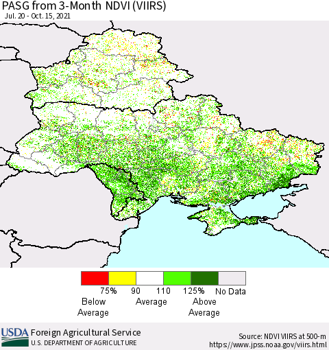 Ukraine, Moldova and Belarus PASG from 3-Month NDVI (VIIRS) Thematic Map For 10/11/2021 - 10/20/2021