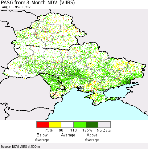 Ukraine, Moldova and Belarus PASG from 3-Month NDVI (VIIRS) Thematic Map For 11/1/2021 - 11/8/2021