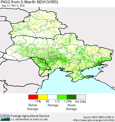 Ukraine, Moldova and Belarus PASG from 3-Month NDVI (VIIRS) Thematic Map For 11/1/2021 - 11/10/2021
