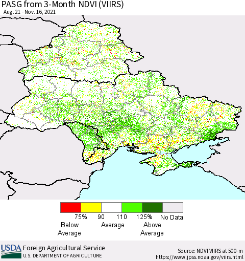 Ukraine, Moldova and Belarus PASG from 3-Month NDVI (VIIRS) Thematic Map For 11/11/2021 - 11/20/2021