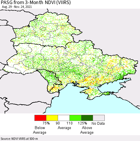 Ukraine, Moldova and Belarus PASG from 3-Month NDVI (VIIRS) Thematic Map For 11/17/2021 - 11/24/2021
