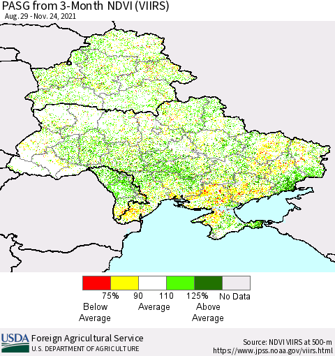 Ukraine, Moldova and Belarus PASG from 3-Month NDVI (VIIRS) Thematic Map For 11/21/2021 - 11/30/2021