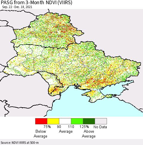 Ukraine, Moldova and Belarus PASG from 3-Month NDVI (VIIRS) Thematic Map For 12/11/2021 - 12/18/2021