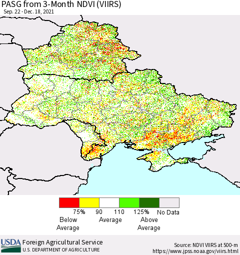 Ukraine, Moldova and Belarus PASG from 3-Month NDVI (VIIRS) Thematic Map For 12/11/2021 - 12/20/2021