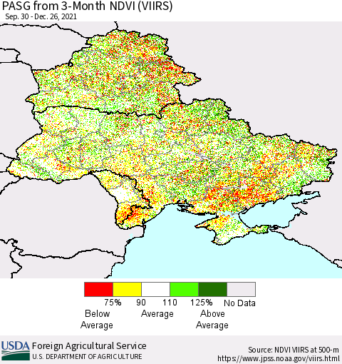 Ukraine, Moldova and Belarus PASG from 3-Month NDVI (VIIRS) Thematic Map For 12/21/2021 - 12/31/2021