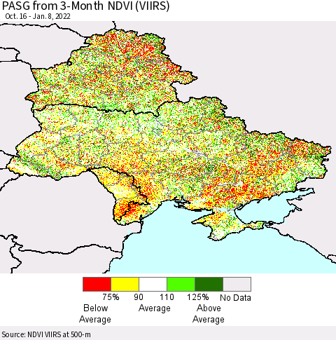 Ukraine, Moldova and Belarus PASG from 3-Month NDVI (VIIRS) Thematic Map For 1/1/2022 - 1/8/2022