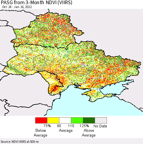Ukraine, Moldova and Belarus PASG from 3-Month NDVI (VIIRS) Thematic Map For 1/9/2022 - 1/16/2022