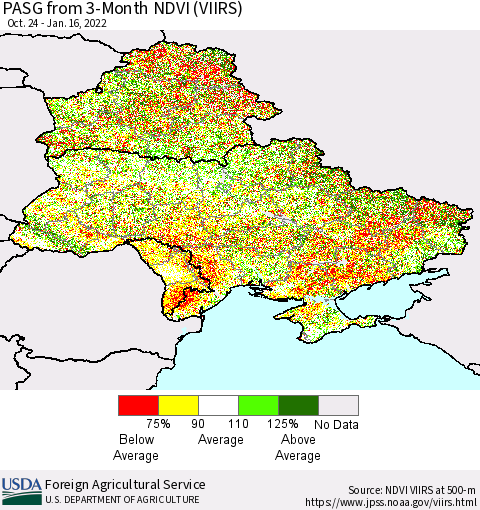 Ukraine, Moldova and Belarus PASG from 3-Month NDVI (VIIRS) Thematic Map For 1/11/2022 - 1/20/2022