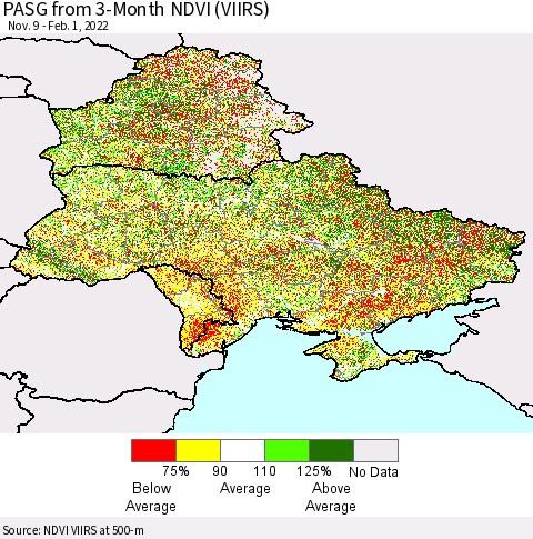 Ukraine, Moldova and Belarus PASG from 3-Month NDVI (VIIRS) Thematic Map For 1/25/2022 - 2/1/2022