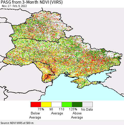 Ukraine, Moldova and Belarus PASG from 3-Month NDVI (VIIRS) Thematic Map For 2/2/2022 - 2/9/2022