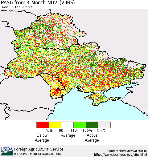Ukraine, Moldova and Belarus PASG from 3-Month NDVI (VIIRS) Thematic Map For 2/1/2022 - 2/10/2022