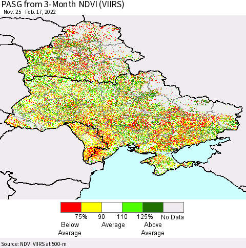 Ukraine, Moldova and Belarus PASG from 3-Month NDVI (VIIRS) Thematic Map For 2/10/2022 - 2/17/2022