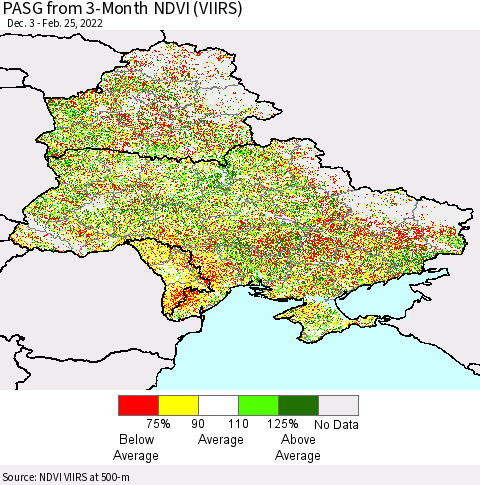 Ukraine, Moldova and Belarus PASG from 3-Month NDVI (VIIRS) Thematic Map For 2/18/2022 - 2/25/2022