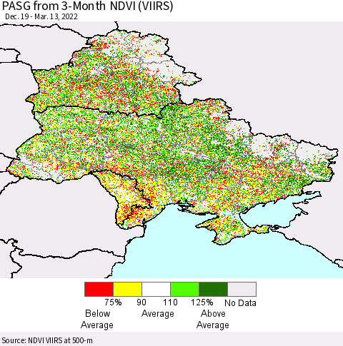 Ukraine, Moldova and Belarus PASG from 3-Month NDVI (VIIRS) Thematic Map For 3/6/2022 - 3/13/2022