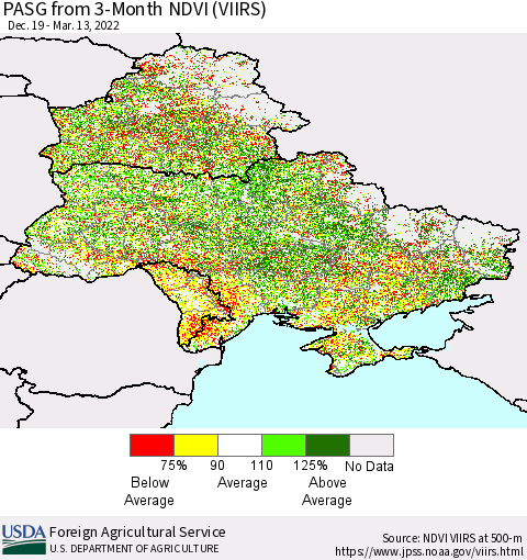 Ukraine, Moldova and Belarus PASG from 3-Month NDVI (VIIRS) Thematic Map For 3/11/2022 - 3/20/2022