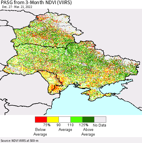 Ukraine, Moldova and Belarus PASG from 3-Month NDVI (VIIRS) Thematic Map For 3/14/2022 - 3/21/2022