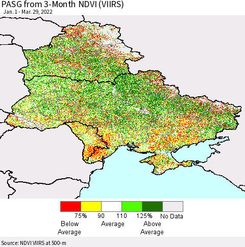 Ukraine, Moldova and Belarus PASG from 3-Month NDVI (VIIRS) Thematic Map For 3/22/2022 - 3/29/2022