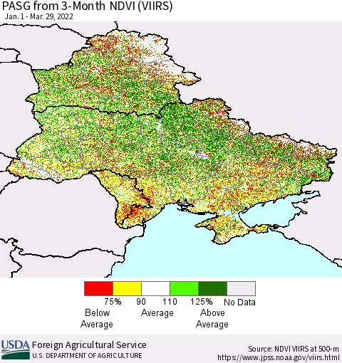 Ukraine, Moldova and Belarus PASG from 3-Month NDVI (VIIRS) Thematic Map For 3/21/2022 - 3/31/2022