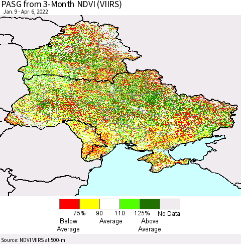 Ukraine, Moldova and Belarus PASG from 3-Month NDVI (VIIRS) Thematic Map For 3/30/2022 - 4/6/2022
