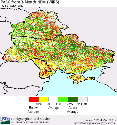 Ukraine, Moldova and Belarus PASG from 3-Month NDVI (VIIRS) Thematic Map For 4/1/2022 - 4/10/2022