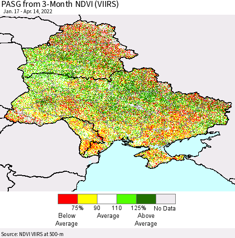 Ukraine, Moldova and Belarus PASG from 3-Month NDVI (VIIRS) Thematic Map For 4/7/2022 - 4/14/2022