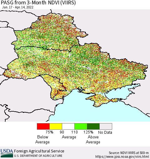 Ukraine, Moldova and Belarus PASG from 3-Month NDVI (VIIRS) Thematic Map For 4/11/2022 - 4/20/2022