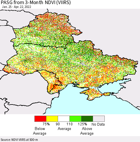 Ukraine, Moldova and Belarus PASG from 3-Month NDVI (VIIRS) Thematic Map For 4/15/2022 - 4/22/2022