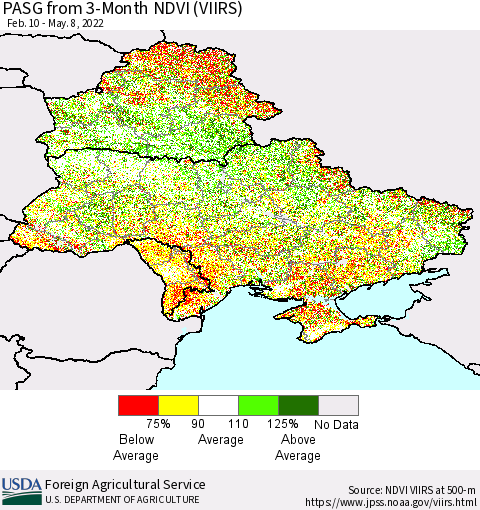 Ukraine, Moldova and Belarus PASG from 3-Month NDVI (VIIRS) Thematic Map For 5/1/2022 - 5/10/2022