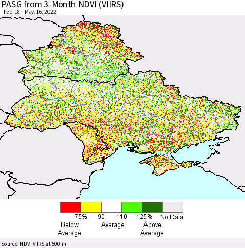 Ukraine, Moldova and Belarus PASG from 3-Month NDVI (VIIRS) Thematic Map For 5/9/2022 - 5/16/2022