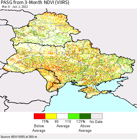 Ukraine, Moldova and Belarus PASG from 3-Month NDVI (VIIRS) Thematic Map For 5/25/2022 - 6/1/2022