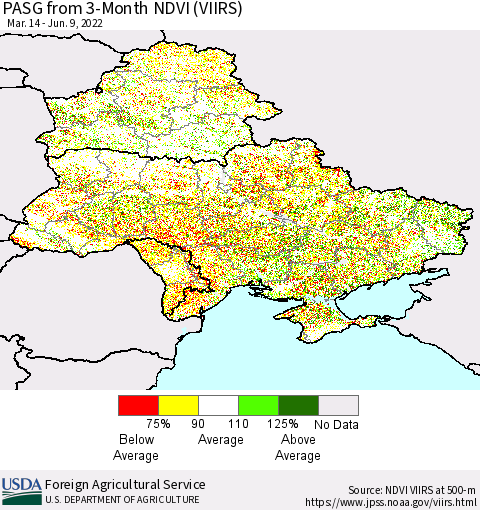 Ukraine, Moldova and Belarus PASG from 3-Month NDVI (VIIRS) Thematic Map For 6/1/2022 - 6/10/2022