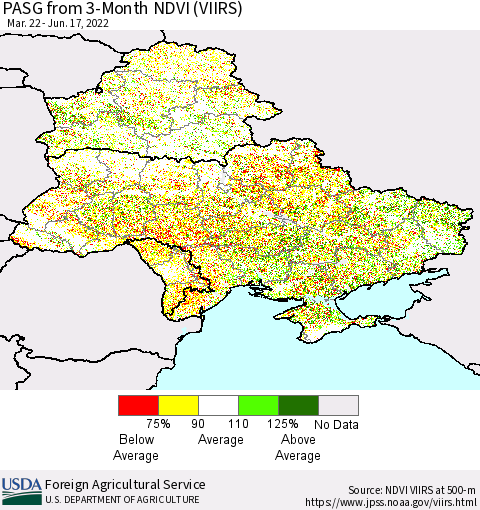 Ukraine, Moldova and Belarus PASG from 3-Month NDVI (VIIRS) Thematic Map For 6/11/2022 - 6/20/2022