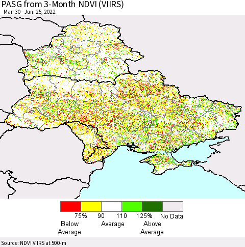 Ukraine, Moldova and Belarus PASG from 3-Month NDVI (VIIRS) Thematic Map For 6/18/2022 - 6/25/2022
