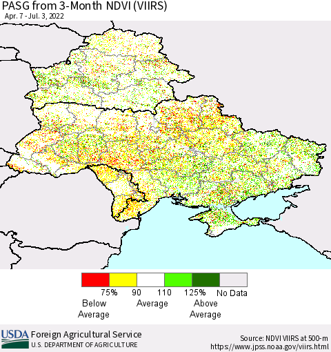 Ukraine, Moldova and Belarus PASG from 3-Month NDVI (VIIRS) Thematic Map For 7/1/2022 - 7/10/2022