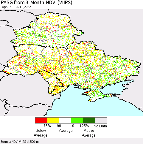 Ukraine, Moldova and Belarus PASG from 3-Month NDVI (VIIRS) Thematic Map For 7/4/2022 - 7/11/2022