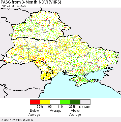 Ukraine, Moldova and Belarus PASG from 3-Month NDVI (VIIRS) Thematic Map For 7/12/2022 - 7/19/2022