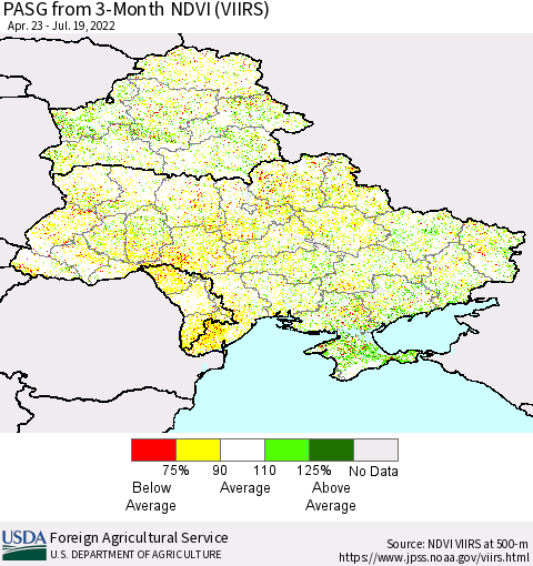 Ukraine, Moldova and Belarus PASG from 3-Month NDVI (VIIRS) Thematic Map For 7/11/2022 - 7/20/2022