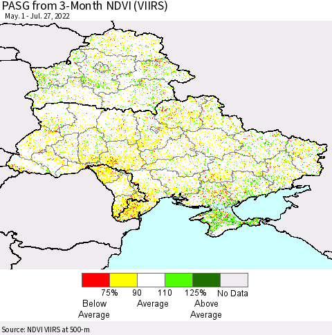 Ukraine, Moldova and Belarus PASG from 3-Month NDVI (VIIRS) Thematic Map For 7/20/2022 - 7/27/2022