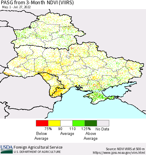 Ukraine, Moldova and Belarus PASG from 3-Month NDVI (VIIRS) Thematic Map For 7/21/2022 - 7/31/2022