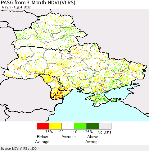 Ukraine, Moldova and Belarus PASG from 3-Month NDVI (VIIRS) Thematic Map For 7/28/2022 - 8/4/2022