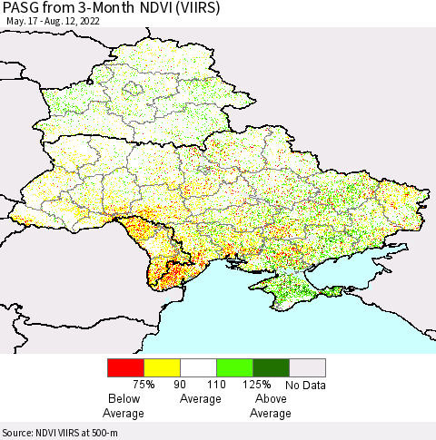 Ukraine, Moldova and Belarus PASG from 3-Month NDVI (VIIRS) Thematic Map For 8/5/2022 - 8/12/2022